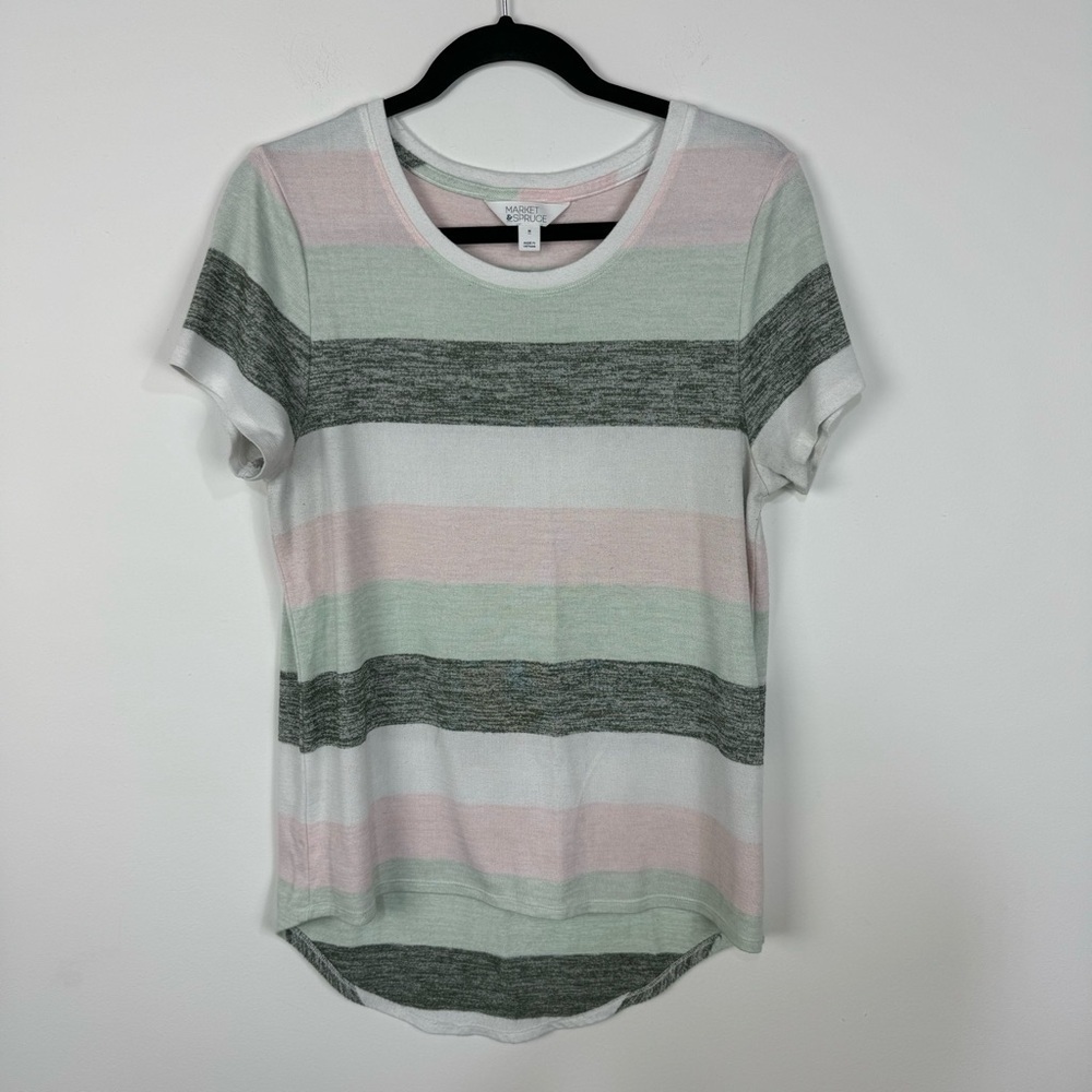 Market & Spruce Pink & Green Striped Knit Short Sleeve Top